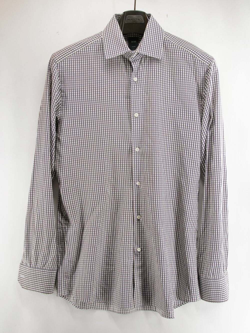BOSS Hugo Boss Men's 15.5 Blue Brown White Check Tailored Slim Fit Button Up